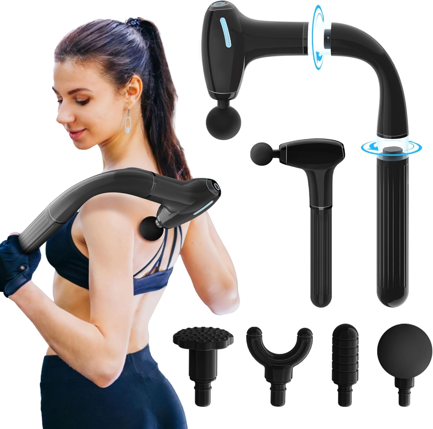 3-in-1 Detachable Massage Gun Deep Tissue, Back Massager for Pain Relief Deep Tissue with 4 Heads 5 Speed for Arm Shoulder Leg (Black Plus)