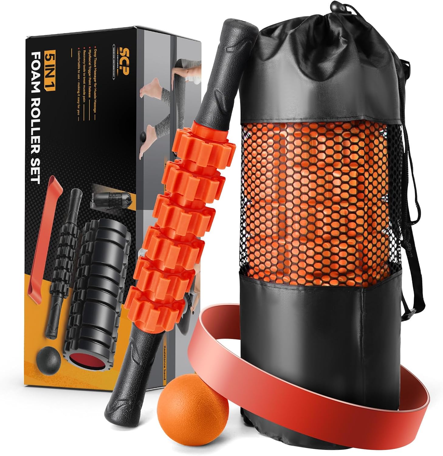 5 in 1 Foam Roller Set for Deep Tissue Muscle Massage, Trigger Point Fitness Exercise Foam Roller, Massage Roller, Massage Ball, Stretching Strap, for Whole Body (Orange-New) - Image 9