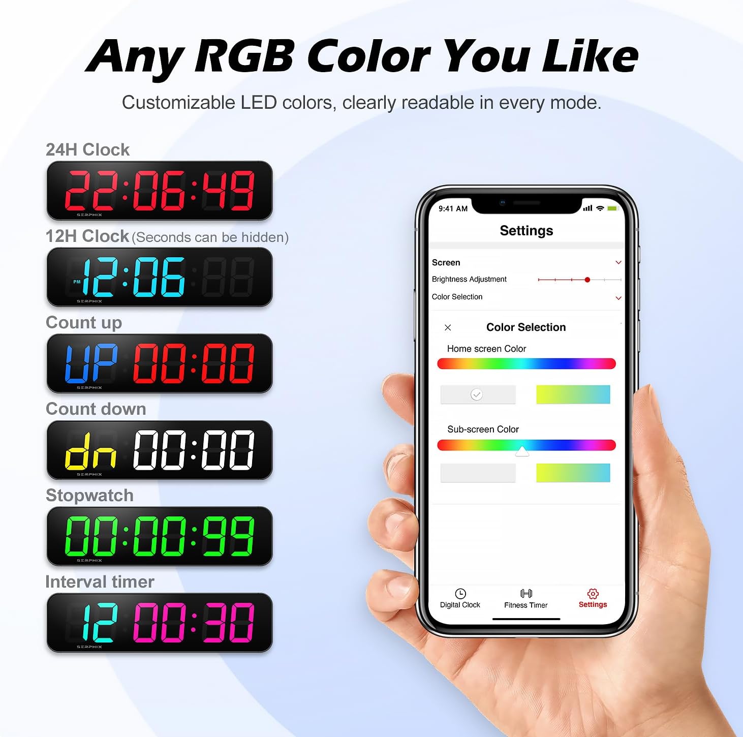 15.2" Large Digital Wall Clock with Seconds, App & Remote Control, Customizable RGB Colors, Alarms, Stopwatch, Countdown, Timer Clock for Home Gym Living Room Office Garage Decor - Image 4