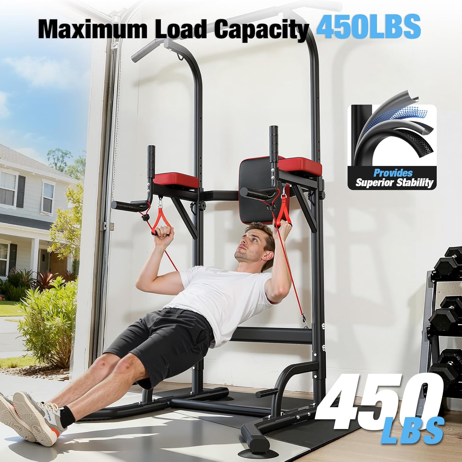 Dskeuzeew Power Tower Pull Up Bar Station for Home Gym Strength, 450LBS Pull Up Dip Station Assistive Trainer Height Adjustable with Elastic Ropes, Pull Up Bar Free Standing Heavy-Duty Fitness Equipment - Image 3