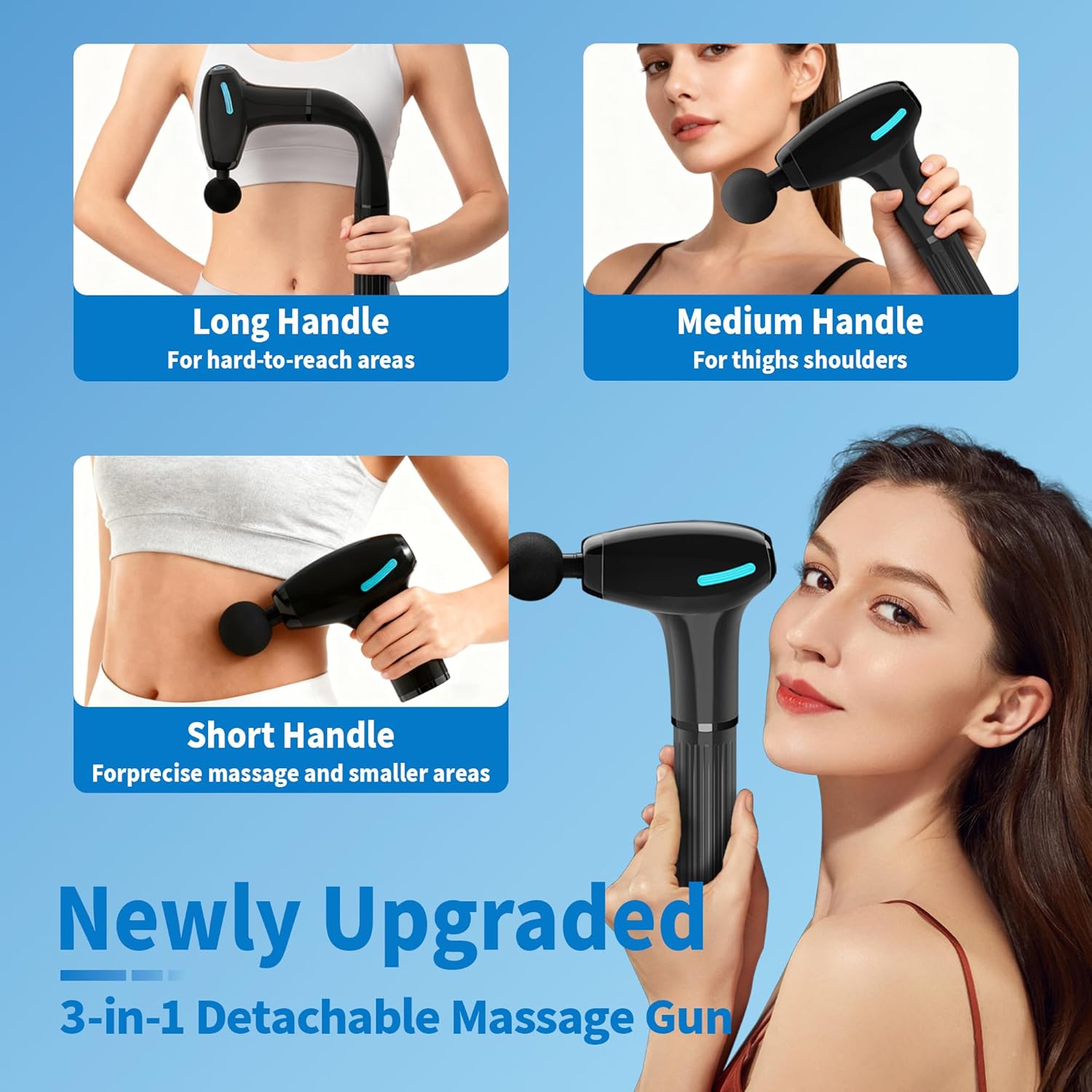 3-in-1 Detachable Massage Gun Deep Tissue, Back Massager for Pain Relief Deep Tissue with 4 Heads 5 Speed for Arm Shoulder Leg (Black Plus) - Image 2