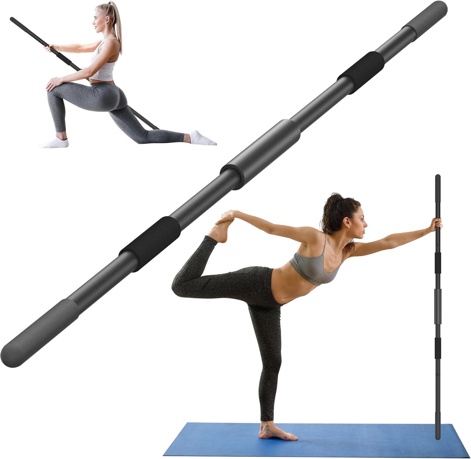 Yoga Stick 58 Inch Sturdy Alloy Steel - Adjustable Stick for Exercise, Stretching, Balance - Versatile Exercise Stick with Non-Slip Ends, Neck Cushion and Adjustable Grip Cushions