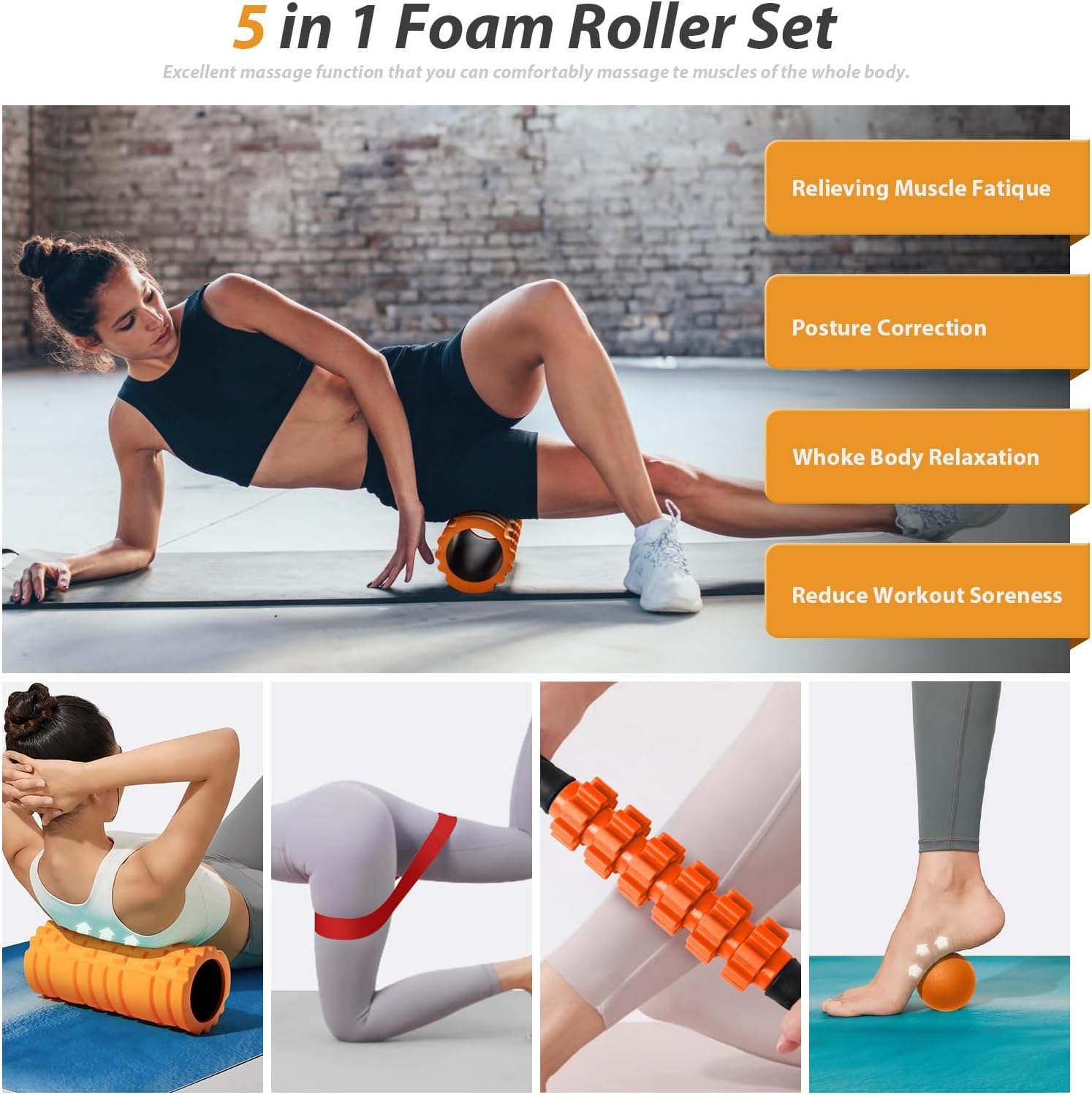 5 in 1 Foam Roller Set for Deep Tissue Muscle Massage, Trigger Point Fitness Exercise Foam Roller, Massage Roller, Massage Ball, Stretching Strap, for Whole Body (Orange-New) - Image 2
