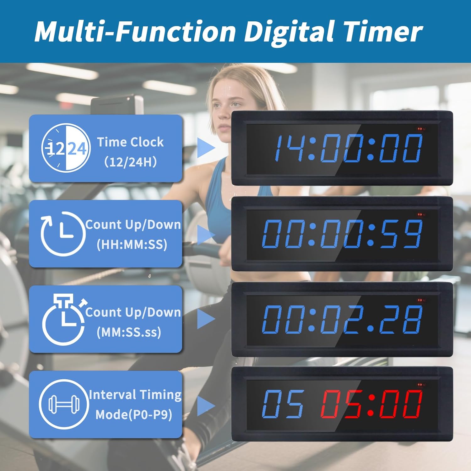 Gym Timer Clock with Remote Control & Push Button,7 RGB Color, Programmable Interval Timer, Countdown/Up Stopwatch,Wall Clock for Home Gym Garage,Portable Training Accessories(Battery) - Image 3