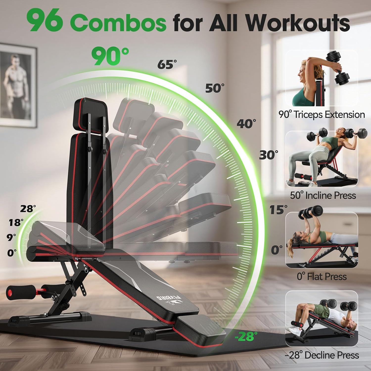 FLYBIRD Adjustable Weight Bench Fits up to 6'5'', 750LBS Capacity for Full Body Workout, 27LBS Sturdy Foldable Bench Press for Home Gym, 5X Stable Lifting Bench Incline Decline Flat Dumbbell Exercise - Image 6