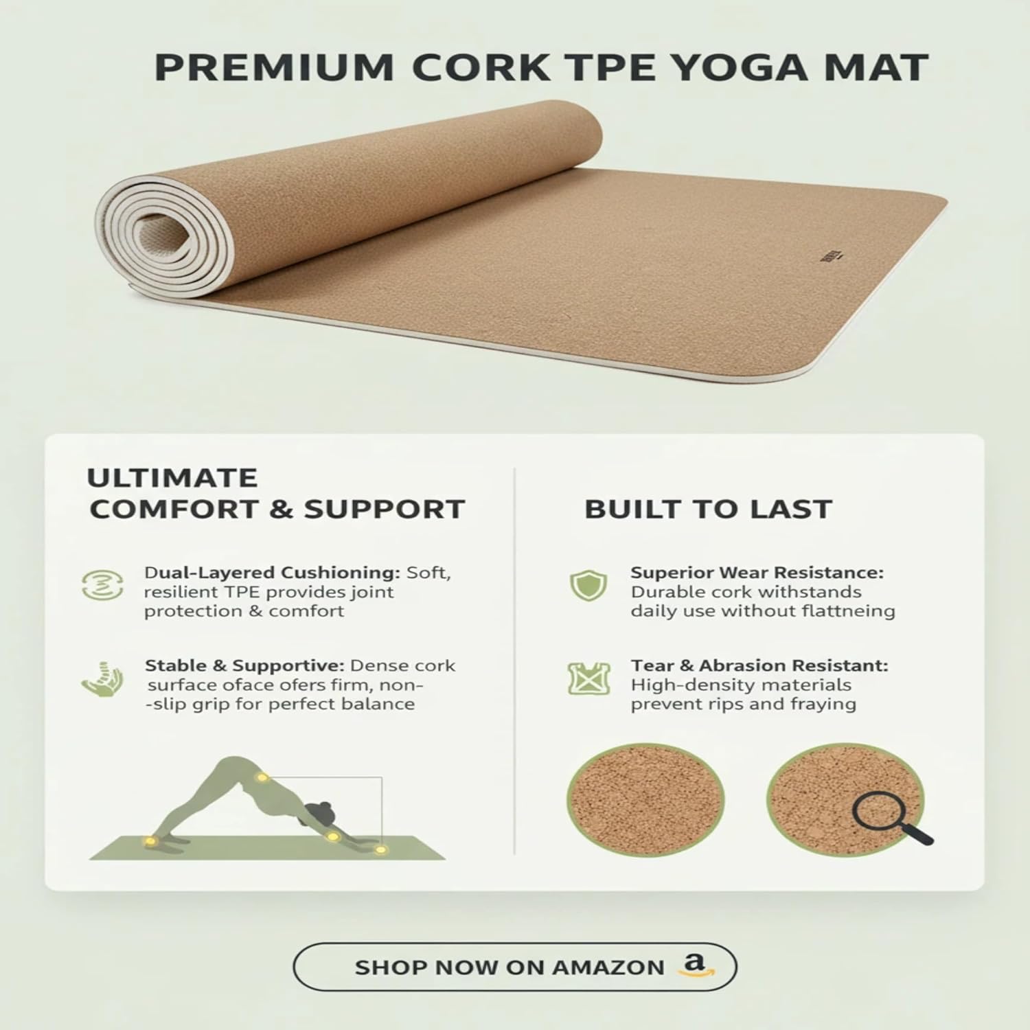 Cork Yoga Mat with TPE Base 6mm Extra Thick Cushioning High Density Exercise Pad 72 x 24 Inch for Home Gym, Non-Slip - Image 6