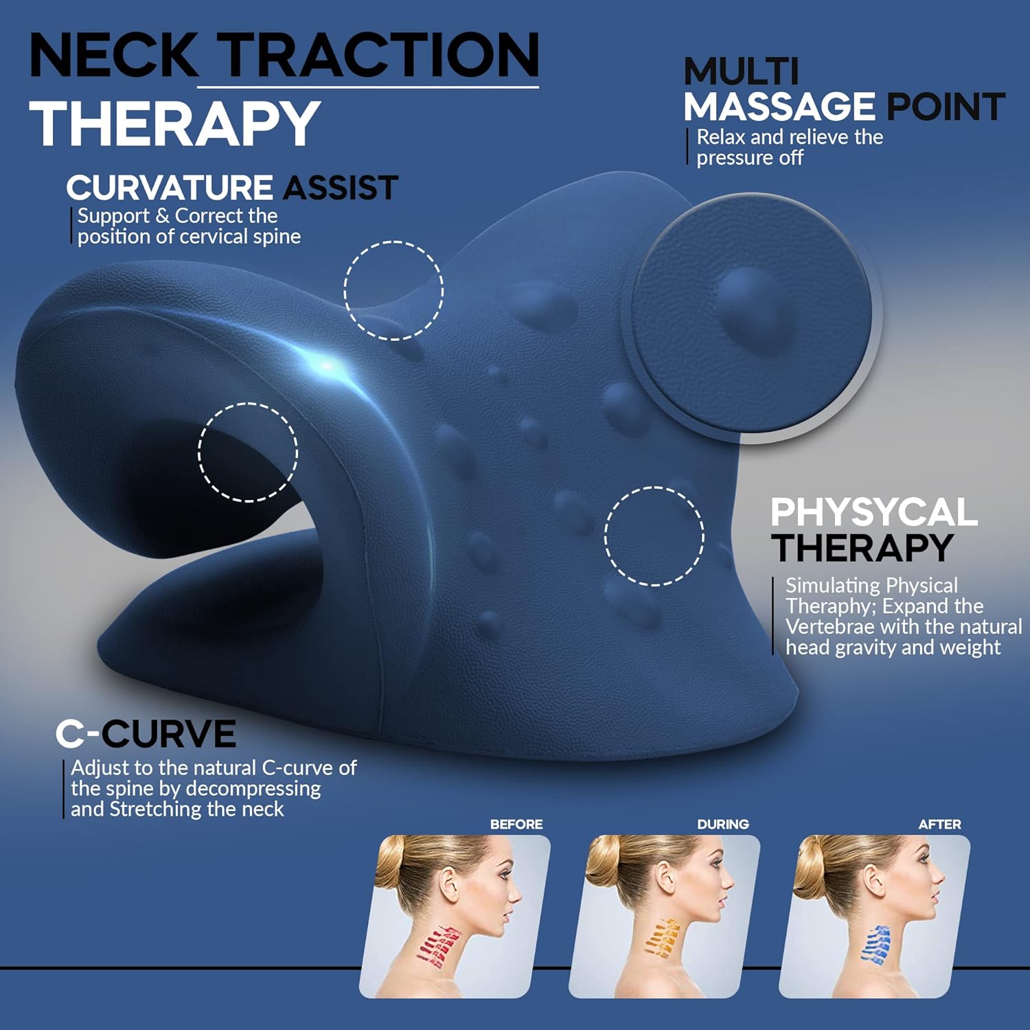 Neck Stretcher & Posture Corrector for Women and Men, Cervical Traction for Spine Alignment, Adjustable Upper Back Brace & Elastic Support for Shoulder Back Pain Relief (Dark Blue) - Image 5