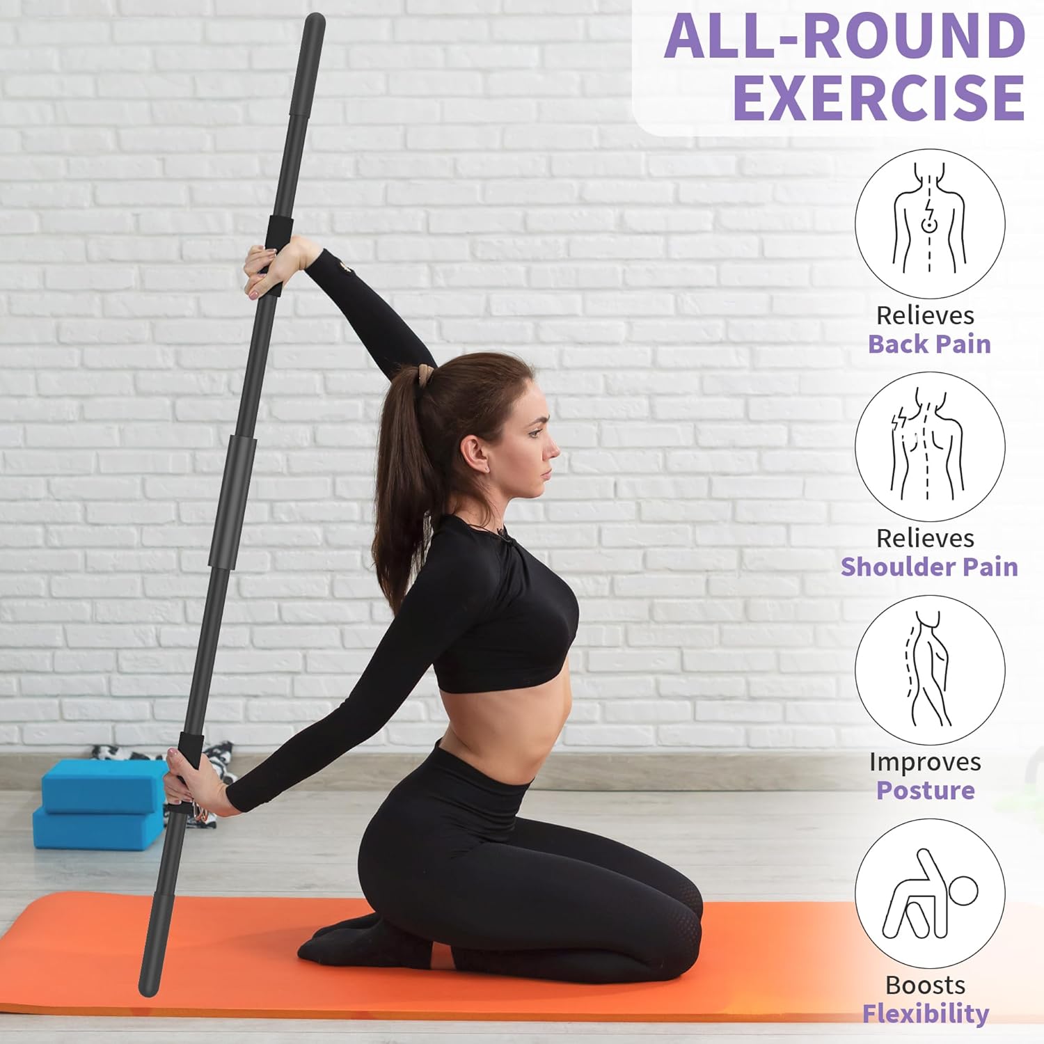 Yoga Stick 58 Inch Sturdy Alloy Steel - Adjustable Stick for Exercise, Stretching, Balance - Versatile Exercise Stick with Non-Slip Ends, Neck Cushion and Adjustable Grip Cushions - Image 5