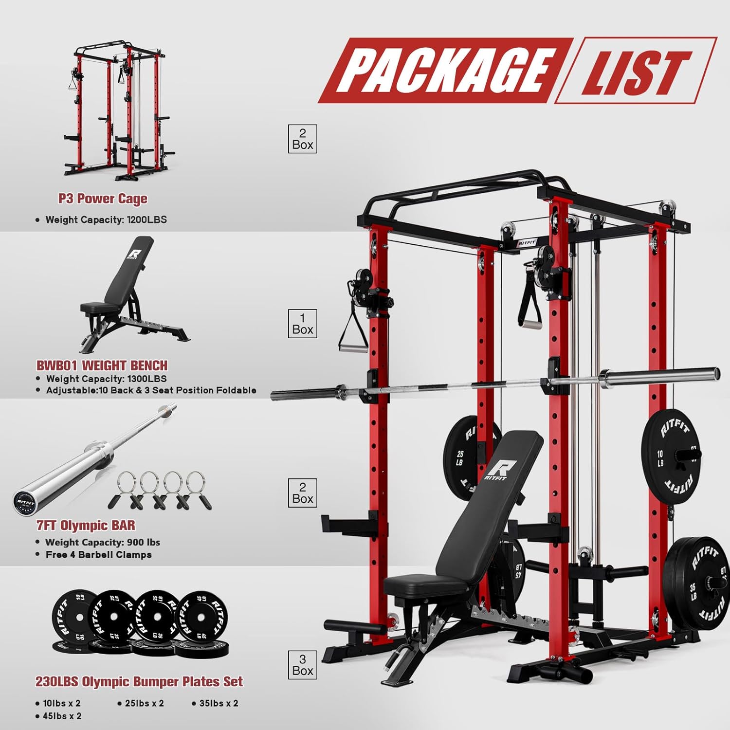 RitFit Multi-Function Squat Rack Power Cage PPC-P3 with Cable Crossover System, 1200LBS Capacity Power Rack and Packages with Optional Weight Bench, Barbell Weight Set, for Garage Workout & Home Gym - Image 2