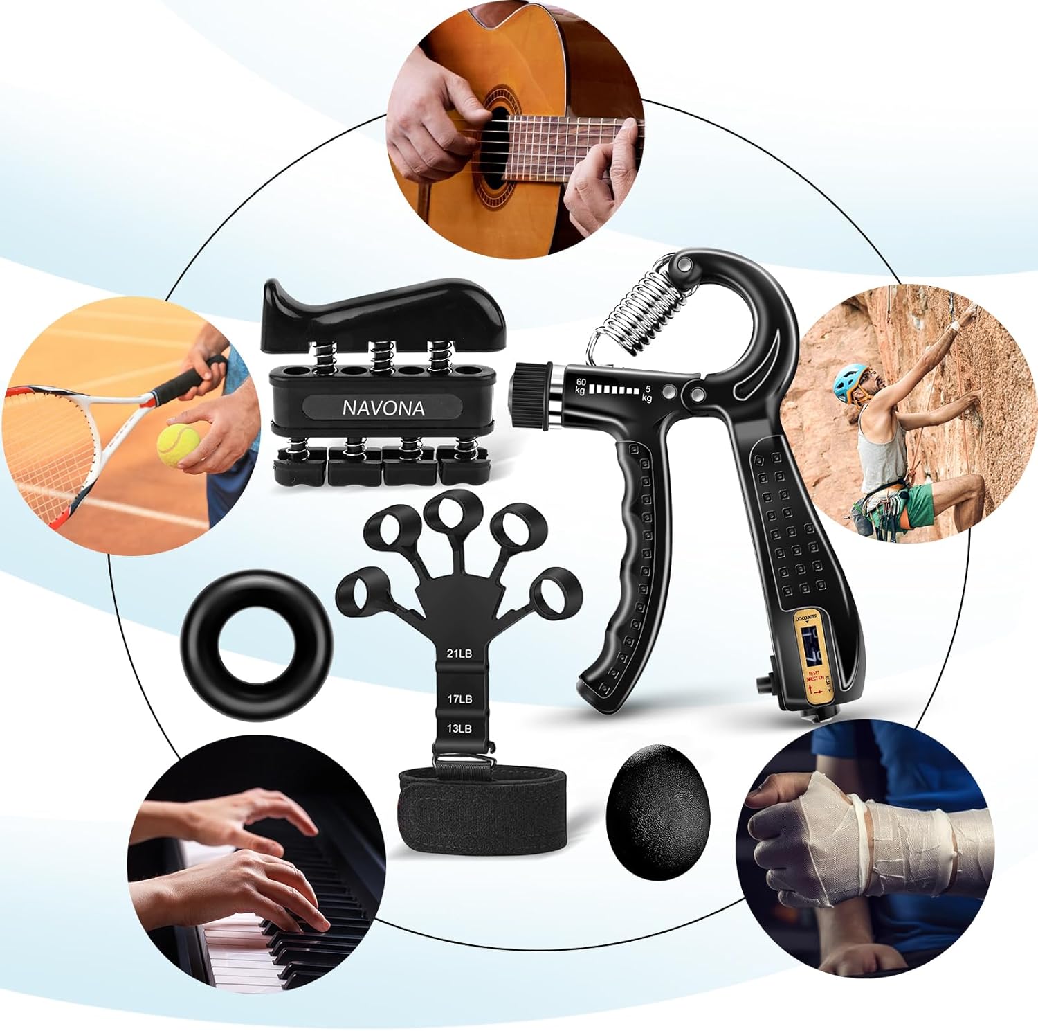 5 PCS Grip Strength Trainer Kit, Hand Gripper Strengthener, Forearm Strengthener, Finger Strengthener, Finger Exerciser, Stress Relief Ball, Forearm Workout Ring for Muscle Building and Injury Recover - Image 7