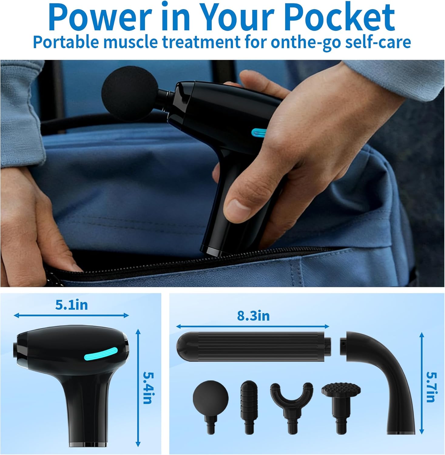 3-in-1 Detachable Massage Gun Deep Tissue, Back Massager for Pain Relief Deep Tissue with 4 Heads 5 Speed for Arm Shoulder Leg (Black Plus) - Image 6