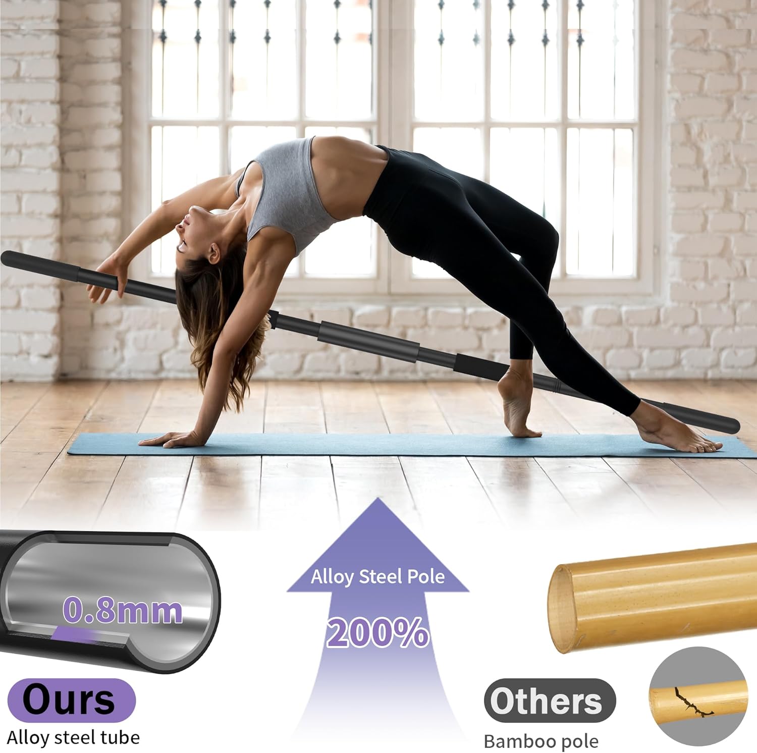 Yoga Stick 58 Inch Sturdy Alloy Steel - Adjustable Stick for Exercise, Stretching, Balance - Versatile Exercise Stick with Non-Slip Ends, Neck Cushion and Adjustable Grip Cushions - Image 2