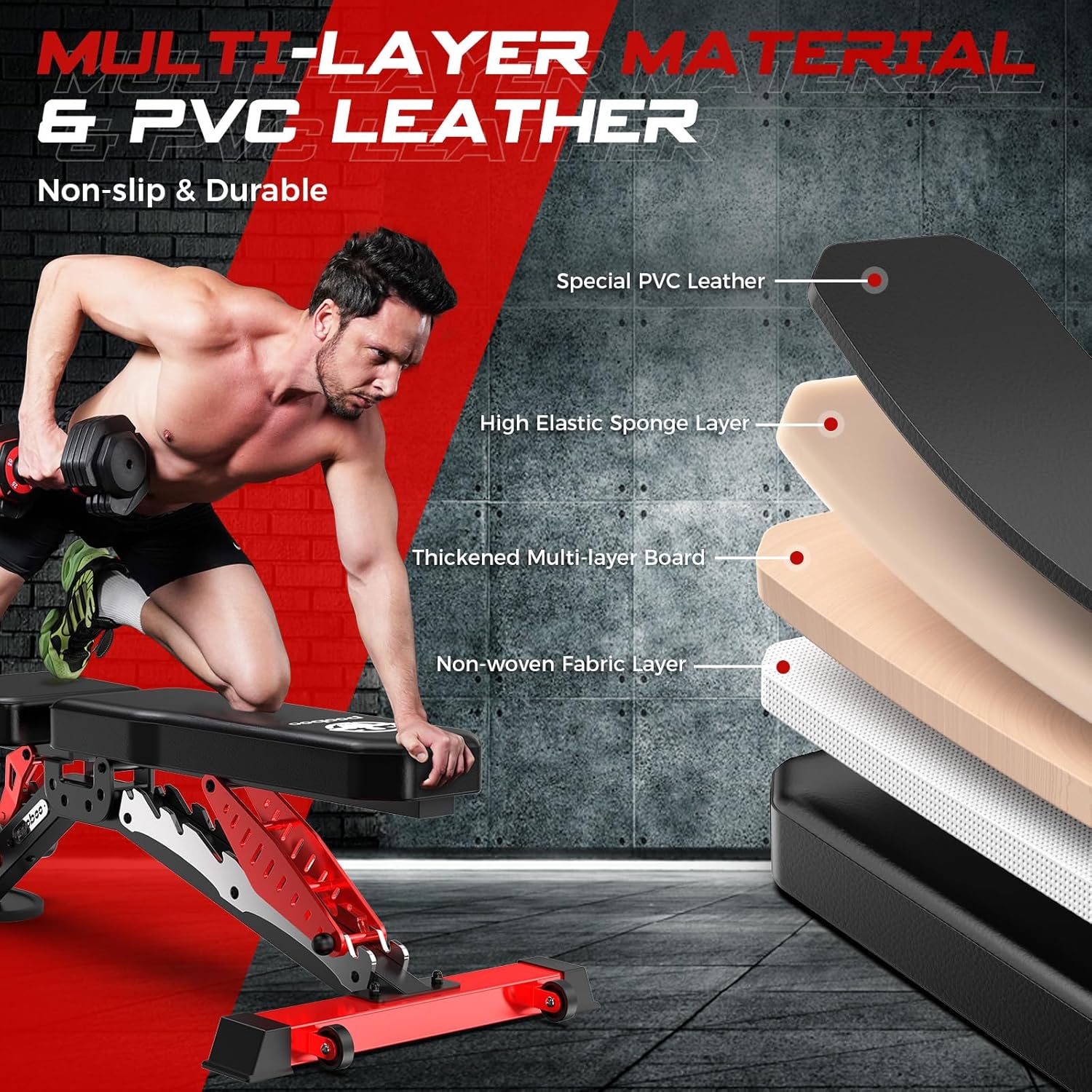 Pooboo Weight Bench, Adjustable Workout Bench for Home, 1500LBS Weight Capacity Heavy Duty Strength Training Bench, Flat/Incline/Decline Positions for Full Body Workout - Image 7