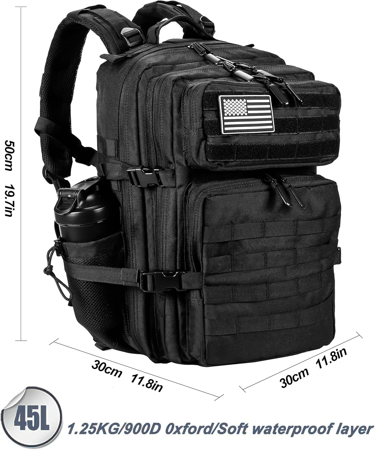 LHI Military Tactical Backpack for Men and Women 45L Army 3 Days Assault Pack Bag Large Rucksack with Molle System - Black - Image 2