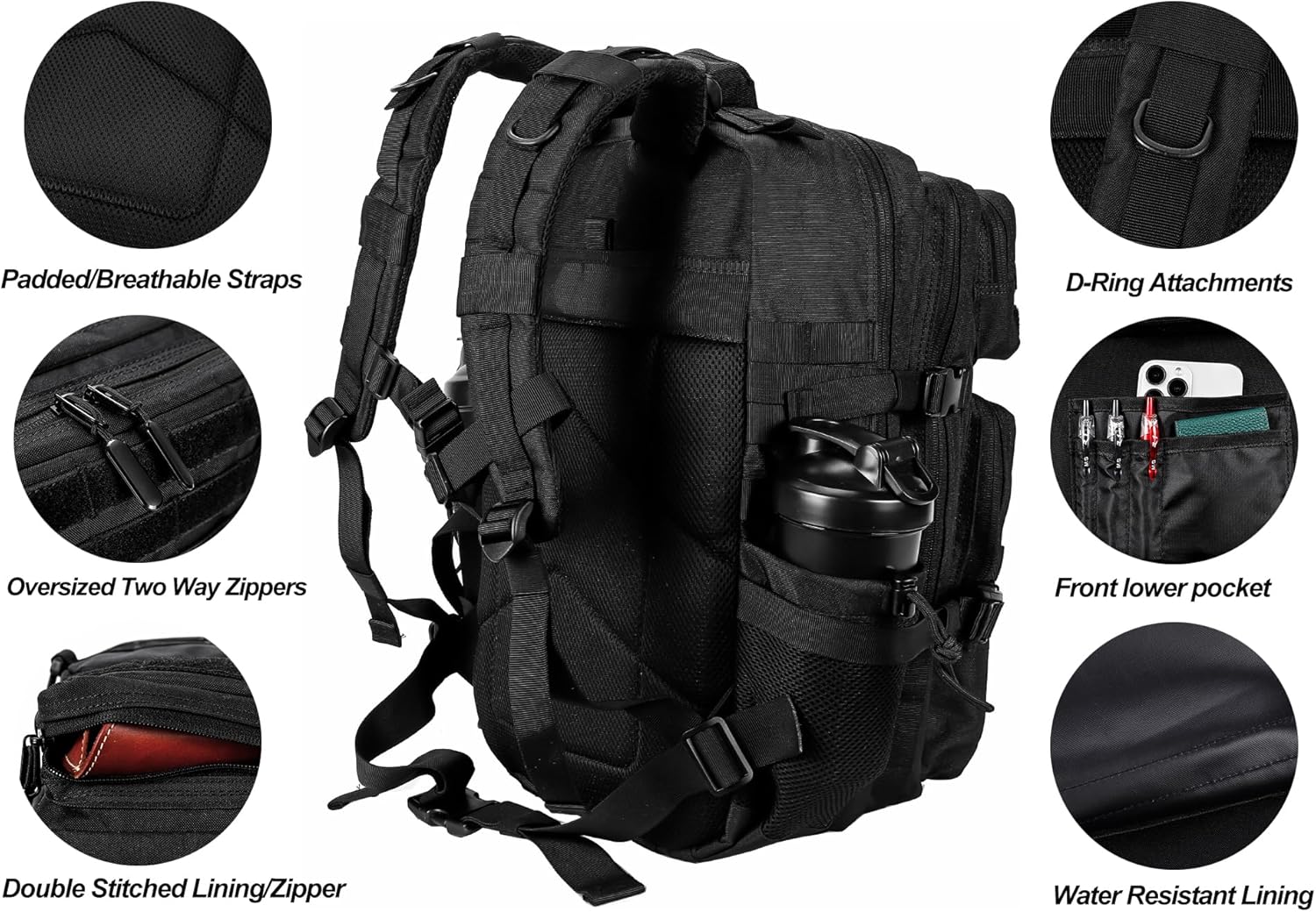LHI Military Tactical Backpack for Men and Women 45L Army 3 Days Assault Pack Bag Large Rucksack with Molle System - Black - Image 5