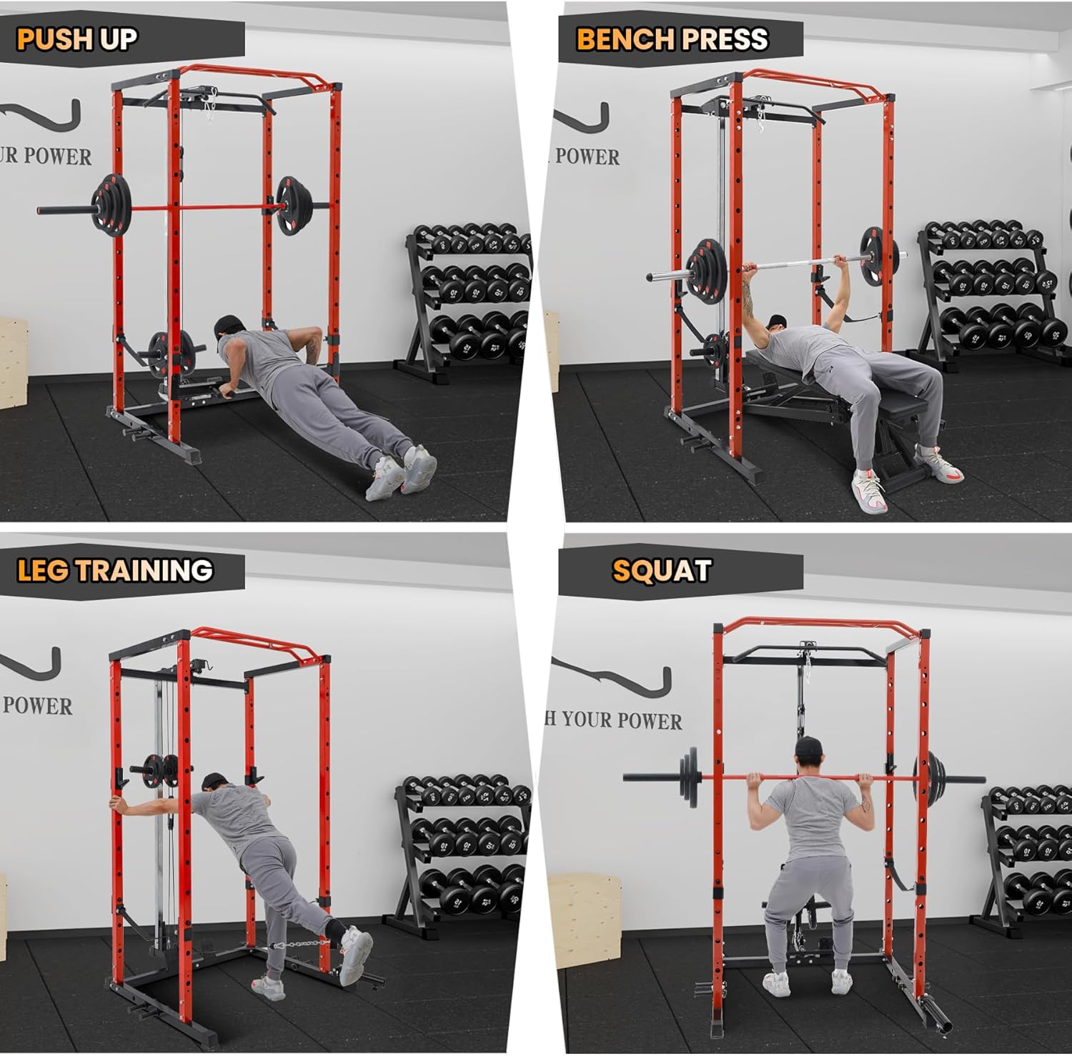 GarveeLife Power Cage, Multi-Function Power Rack with LAT Pulldown, 1600 LBS Weight Capacity Fitness Squat Rack with Cable Pulley System and j-Hooks, Dip Bars and Landmine Attachment for Home Gym - Image 4