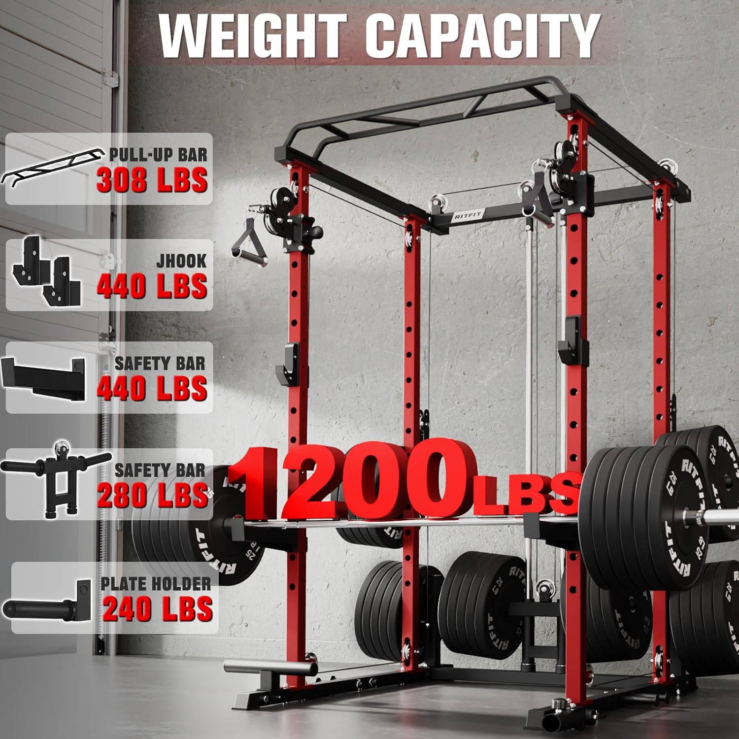 RitFit Multi-Function Squat Rack Power Cage PPC-P3 with Cable Crossover System, 1200LBS Capacity Power Rack and Packages with Optional Weight Bench, Barbell Weight Set, for Garage Workout & Home Gym - Image 4
