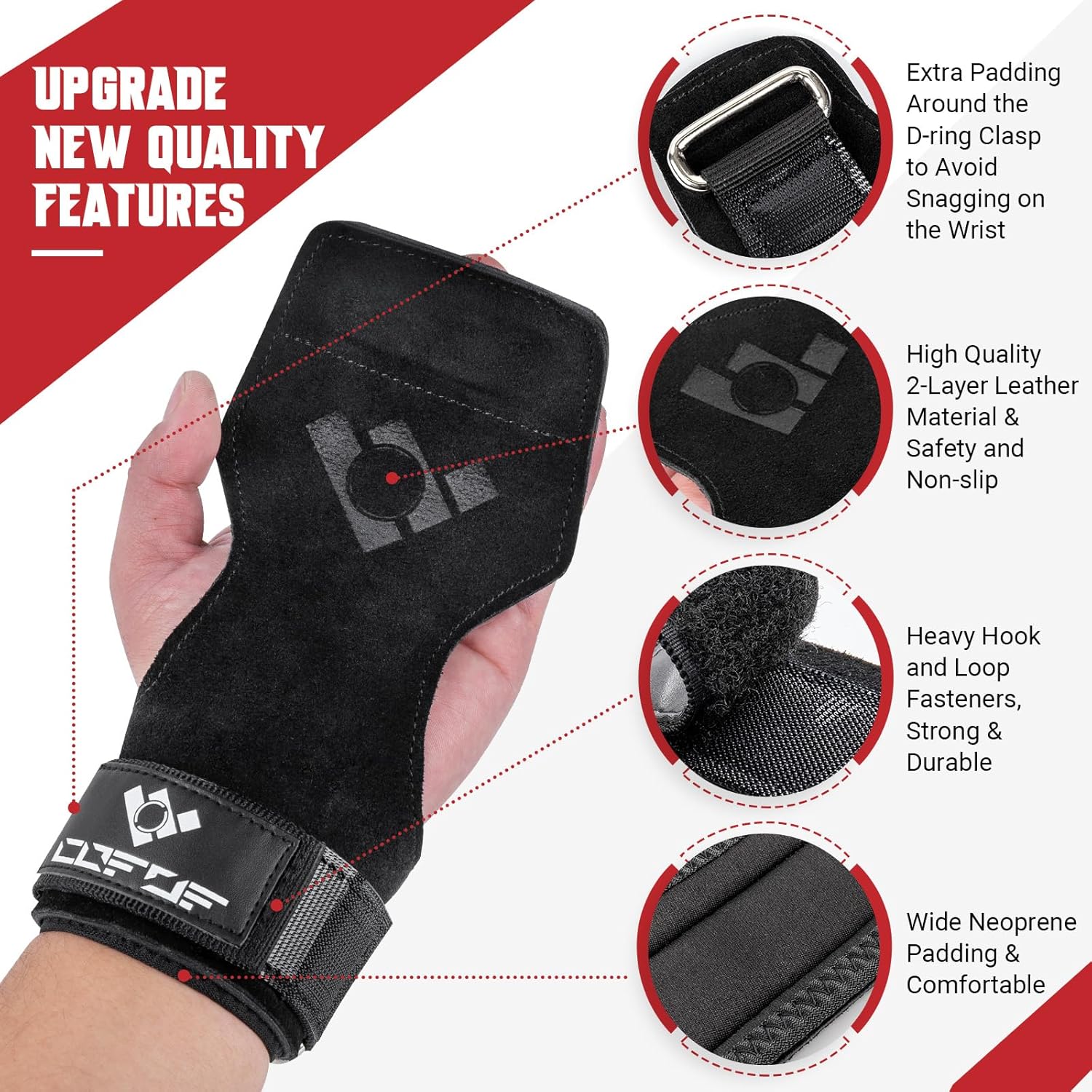 COFOF Weight Lifting Wrist Strap, Double Layer Leather Wrist Strap for Deadlift and Powerlifting, Adjustable Neoprene Padded Gym Workout Lifting Hooks (Pair) - Image 2