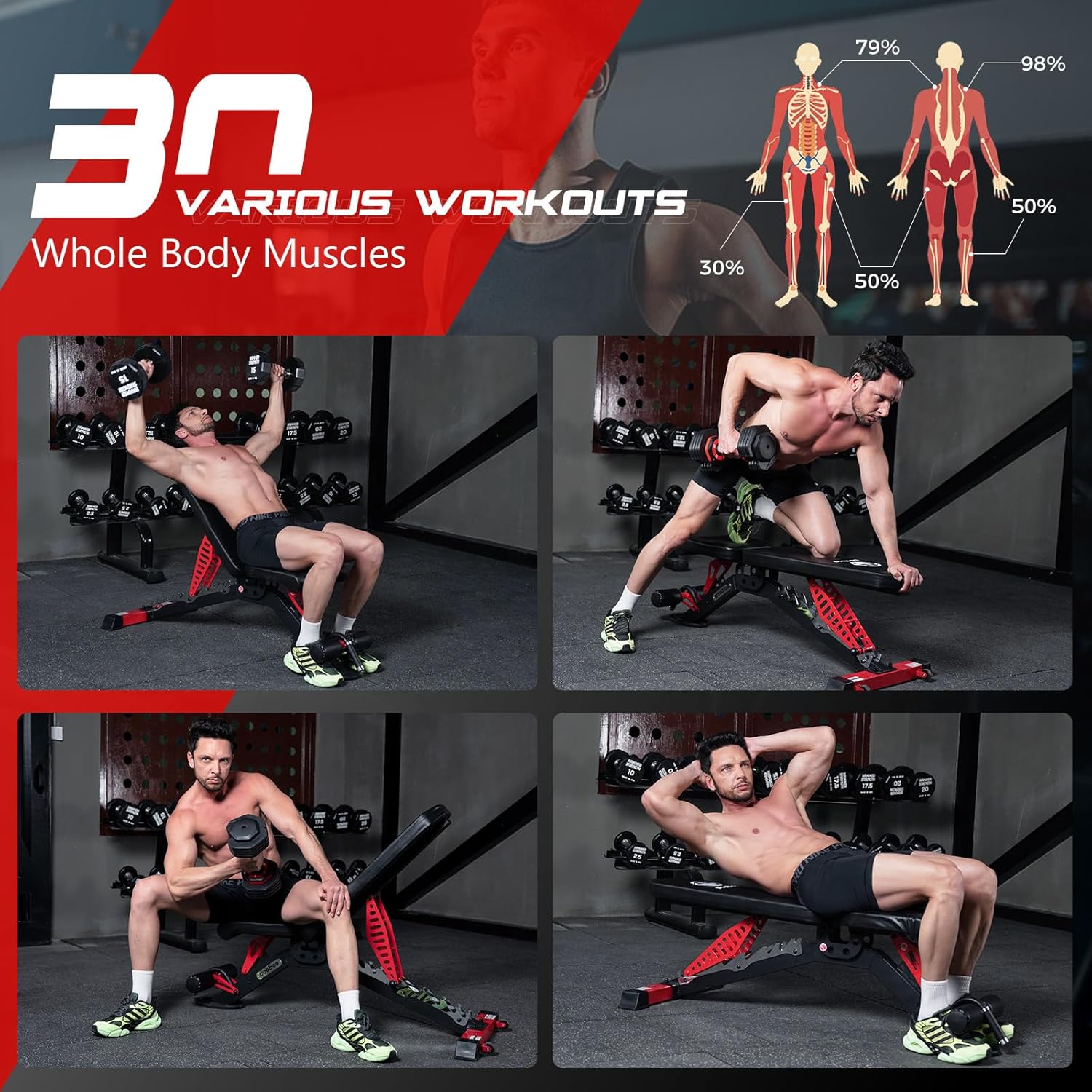 Pooboo Weight Bench, Adjustable Workout Bench for Home, 1500LBS Weight Capacity Heavy Duty Strength Training Bench, Flat/Incline/Decline Positions for Full Body Workout - Image 5