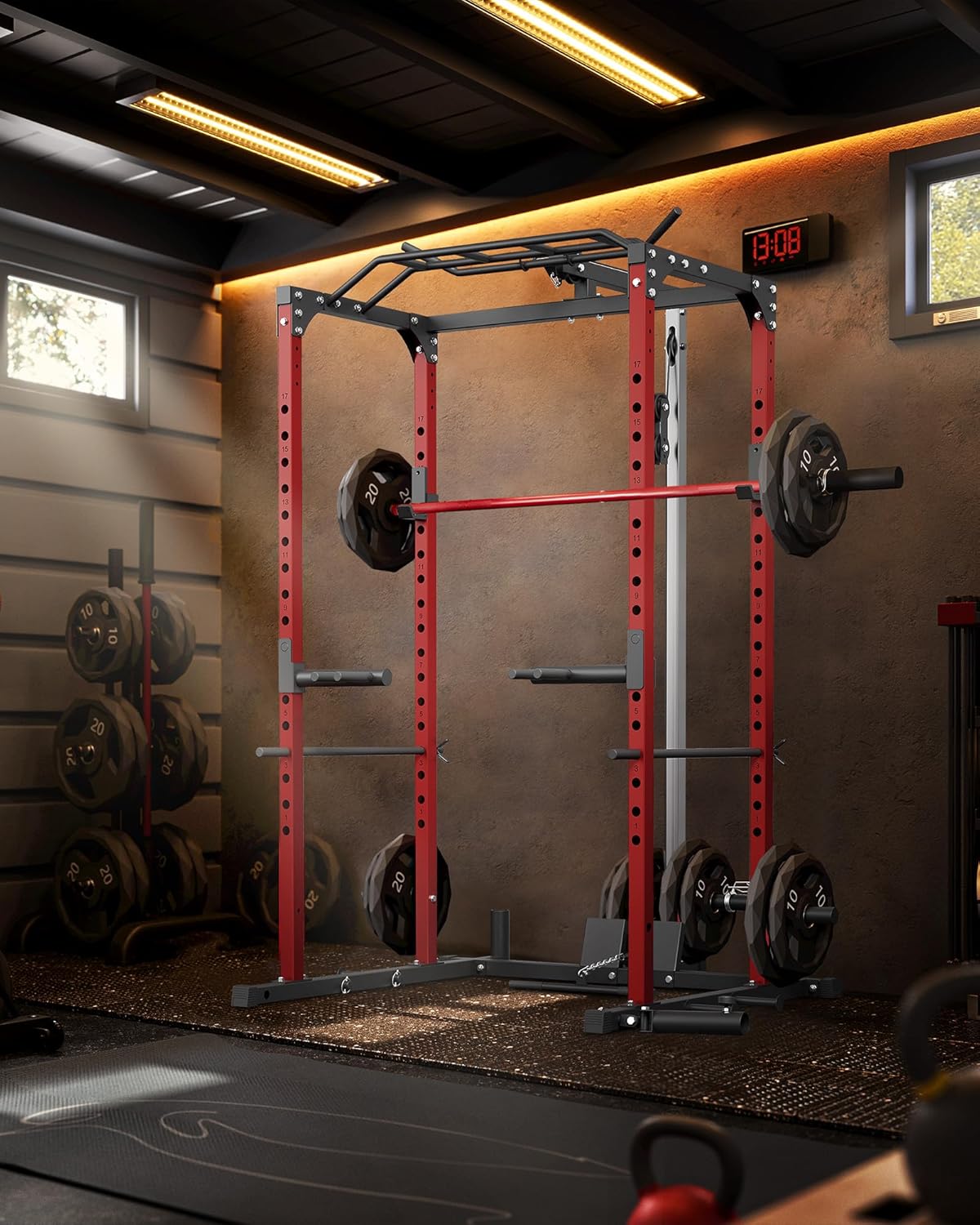 GarveeLife Power Cage, Power Racks for Home Gym with Pulley System, 1200 LBS Weight Capacity Multi-Functional Squat Rack for Strength Workout with More Training Attachment (Red D1002) - Image 6