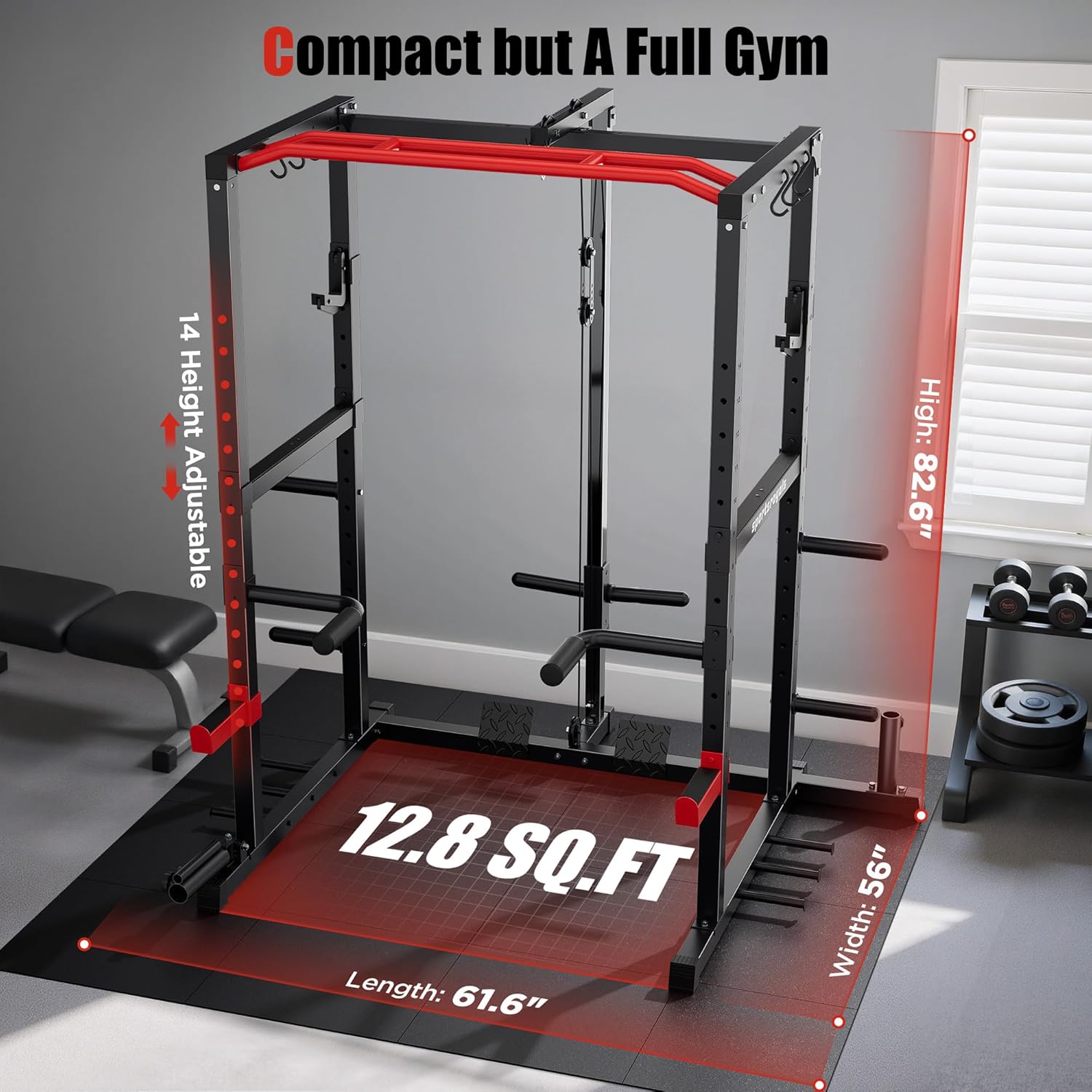 Sportsroyals Power Cage,1600lbs Multi-Function Power Rack with Adjustable Cable Crossover System and More Training Attachment, Weight Cage for Home Gym - Image 6