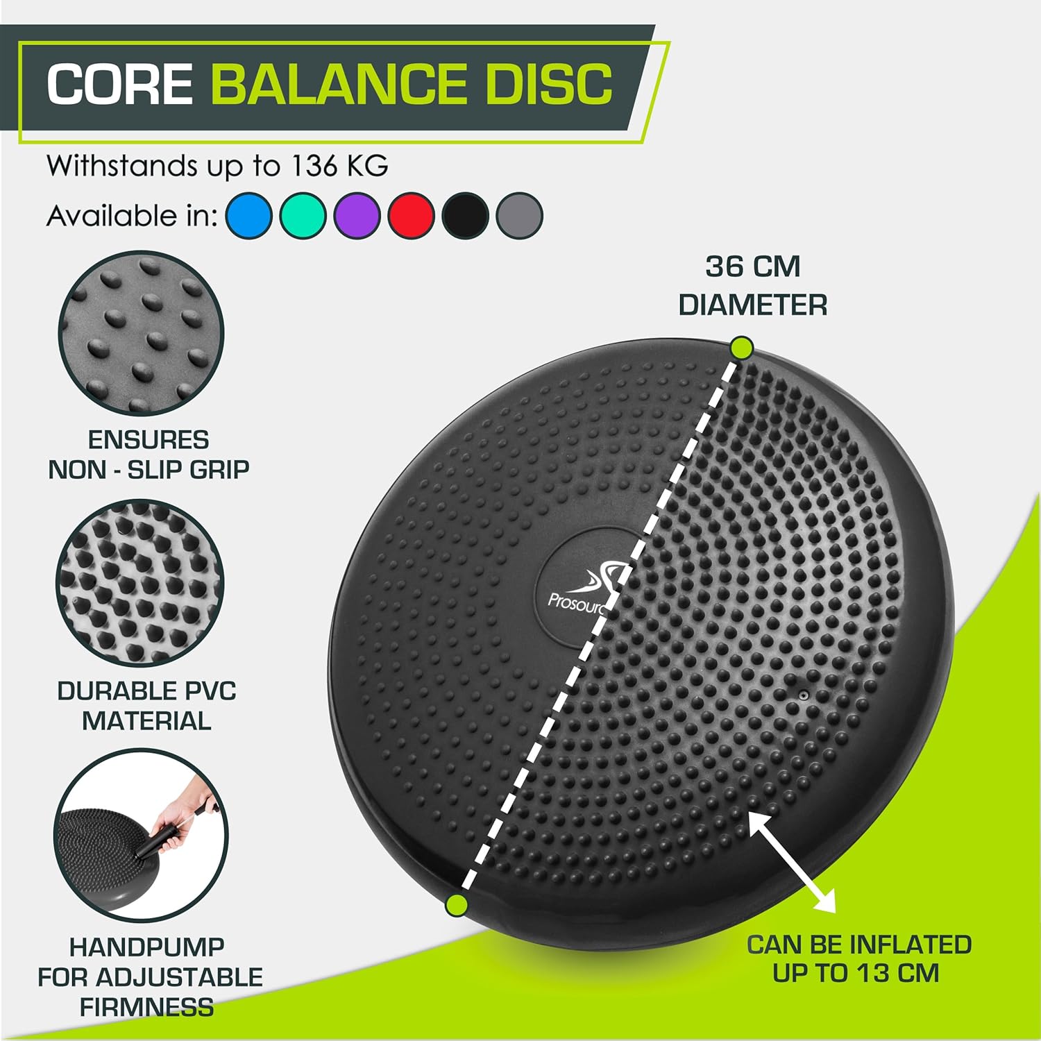 ProsourceFit Core Balance Disc Trainer, 14” Diameter with Pump for Improving Posture, Fitness, Stability, Black - Image 2