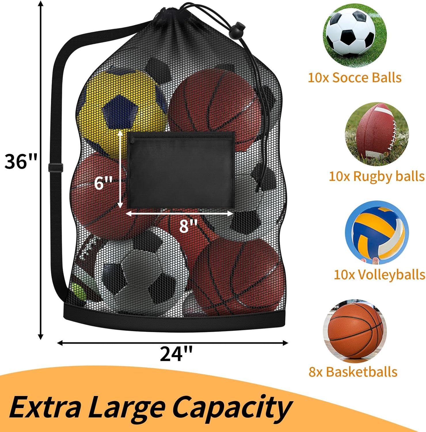 Extra Large Mesh Ball Bag, Heavy Duty Drawstring Storage Bag, 24" x 36" Hold 8-10 Soccer Basketball Volleyball Football, Sports Equipment Sack Net Bags with Shoulder Strap and Pocket for Coaches - Image 2