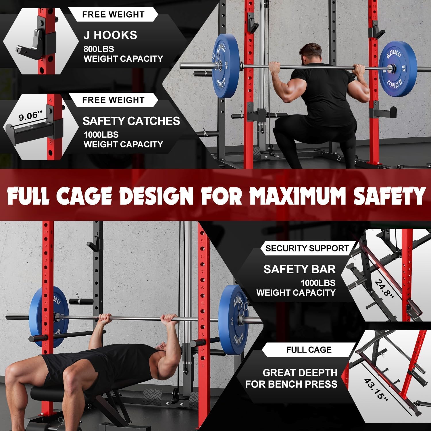 C1-V4 Power Cage, 2000LBS Squat Rack with LAT Pulldown, Multi-Function Weight Cage Strength Training Machine, Workout Cage with More Attachments for Home Gym Garage - Image 4