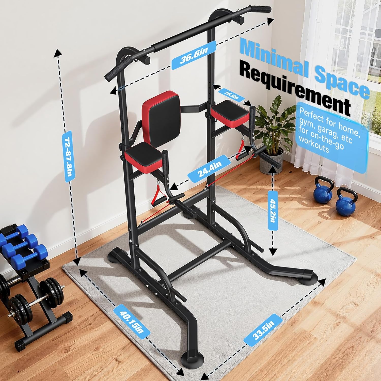 Dskeuzeew Power Tower Pull Up Bar Station for Home Gym Strength, 450LBS Pull Up Dip Station Assistive Trainer Height Adjustable with Elastic Ropes, Pull Up Bar Free Standing Heavy-Duty Fitness Equipment - Image 7