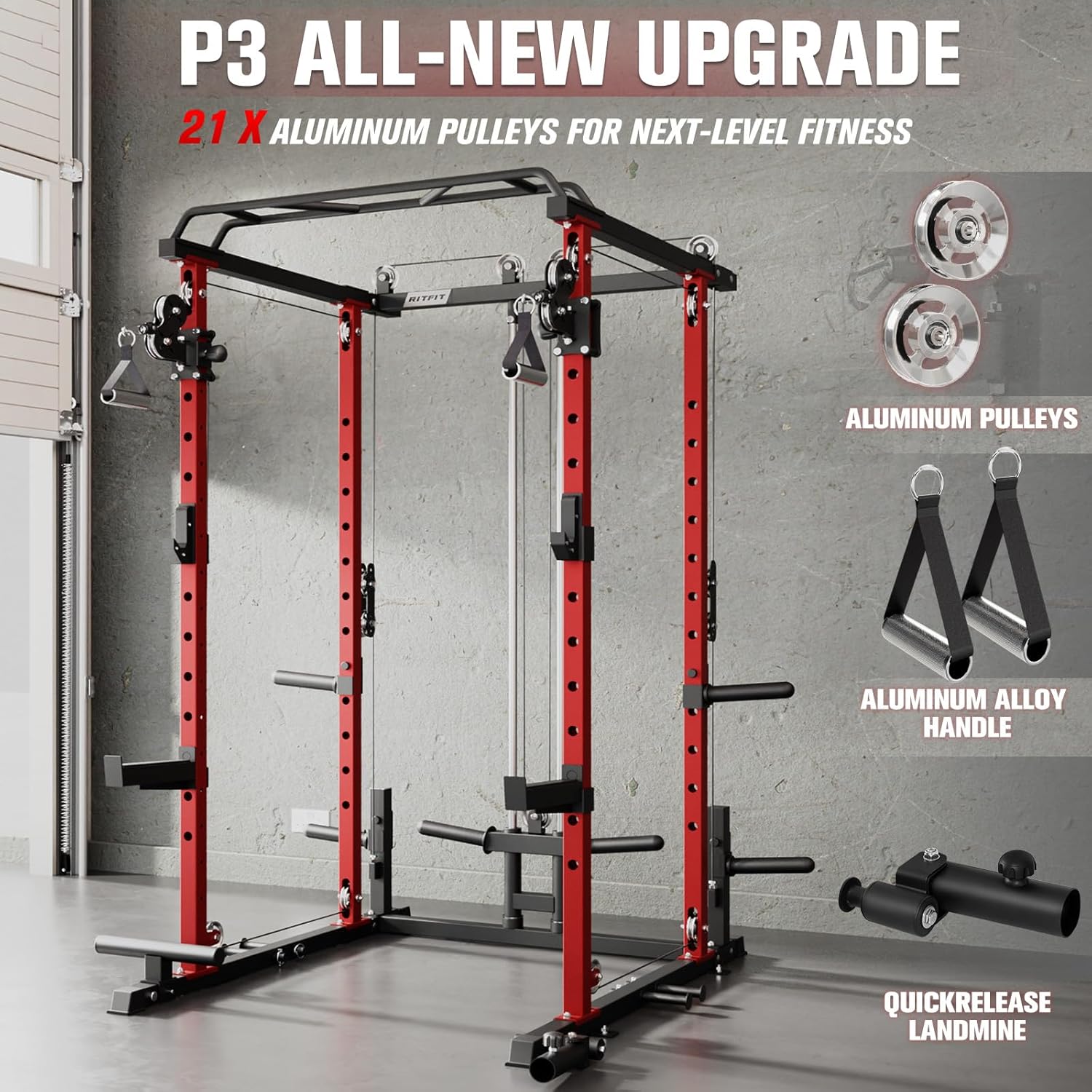 RitFit Multi-Function Squat Rack Power Cage PPC-P3 with Cable Crossover System, 1200LBS Capacity Power Rack and Packages with Optional Weight Bench, Barbell Weight Set, for Garage Workout & Home Gym - Image 3