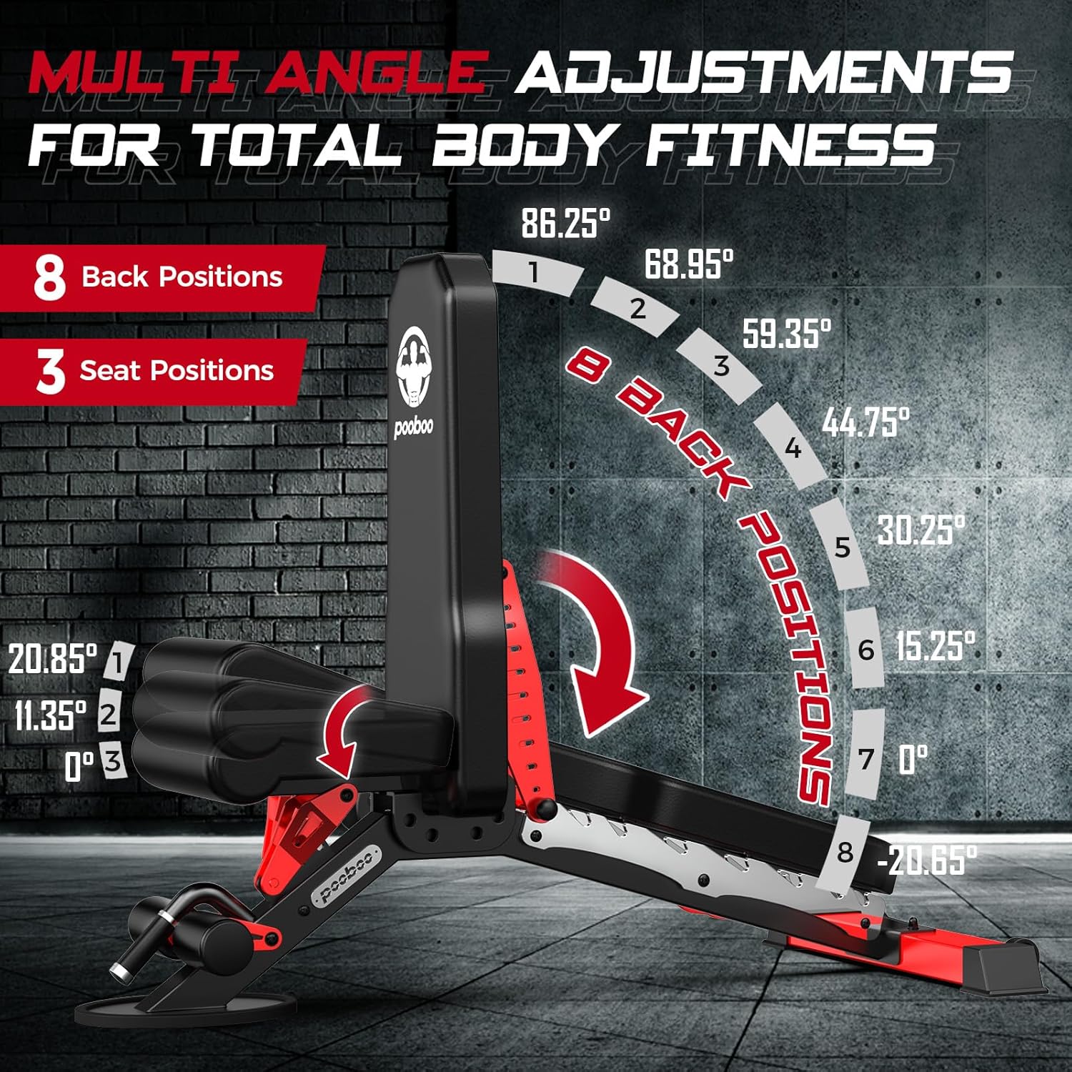 Pooboo Weight Bench, Adjustable Workout Bench for Home, 1500LBS Weight Capacity Heavy Duty Strength Training Bench, Flat/Incline/Decline Positions for Full Body Workout - Image 3