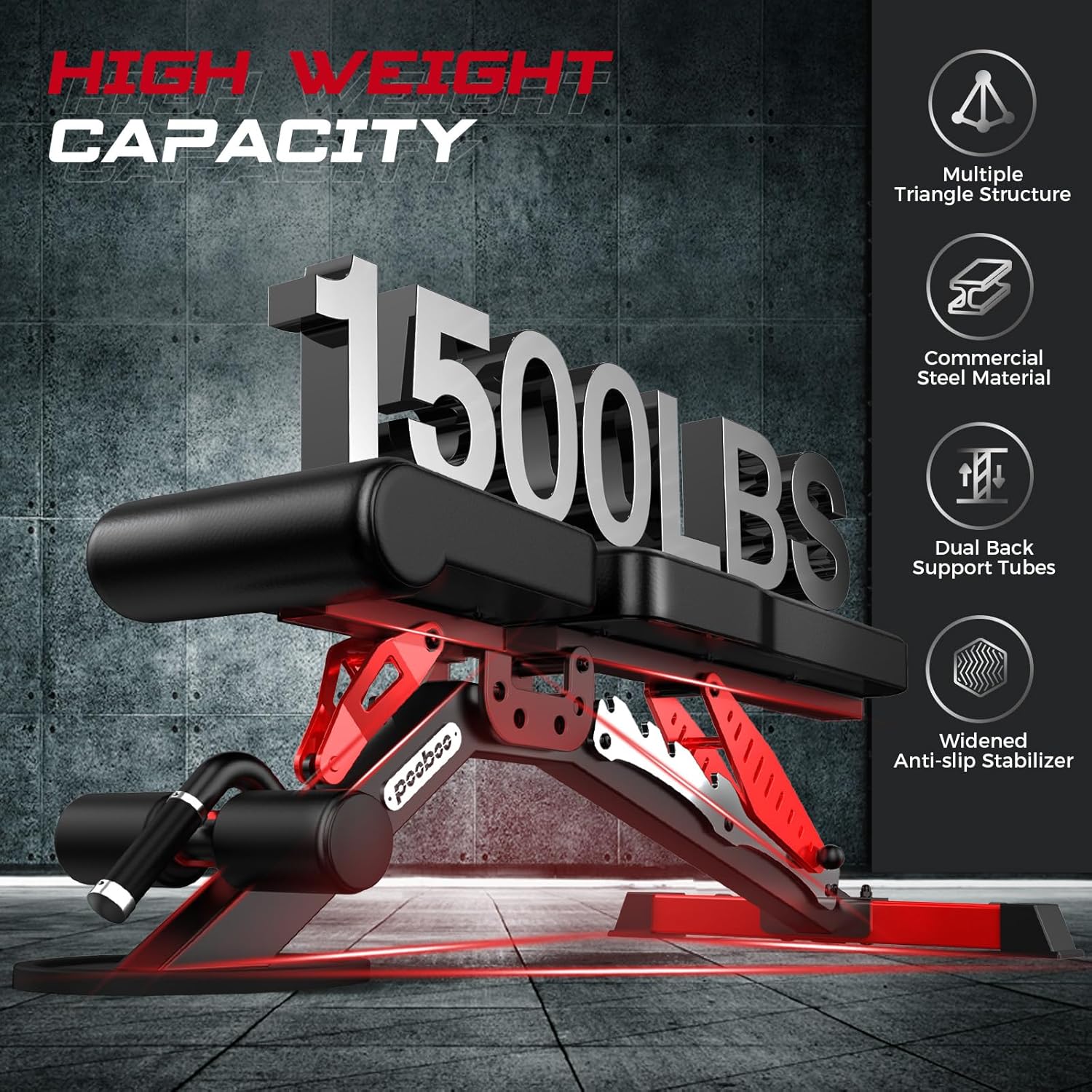 Pooboo Weight Bench, Adjustable Workout Bench for Home, 1500LBS Weight Capacity Heavy Duty Strength Training Bench, Flat/Incline/Decline Positions for Full Body Workout - Image 2