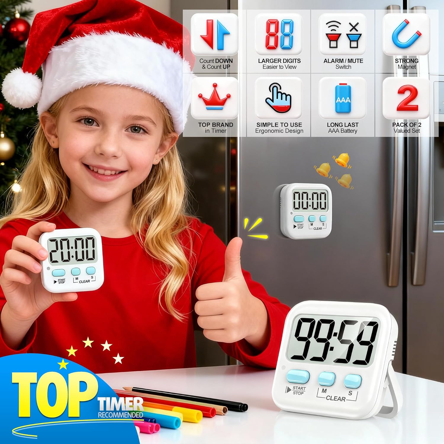 Antonki 2 Pack Digital Timer for Kids, Magnetic Countdown Kitchen Timers for Cooking, Egg, Classroom, Teacher, Exercise, Study, Oven - Battery Included - Image 2