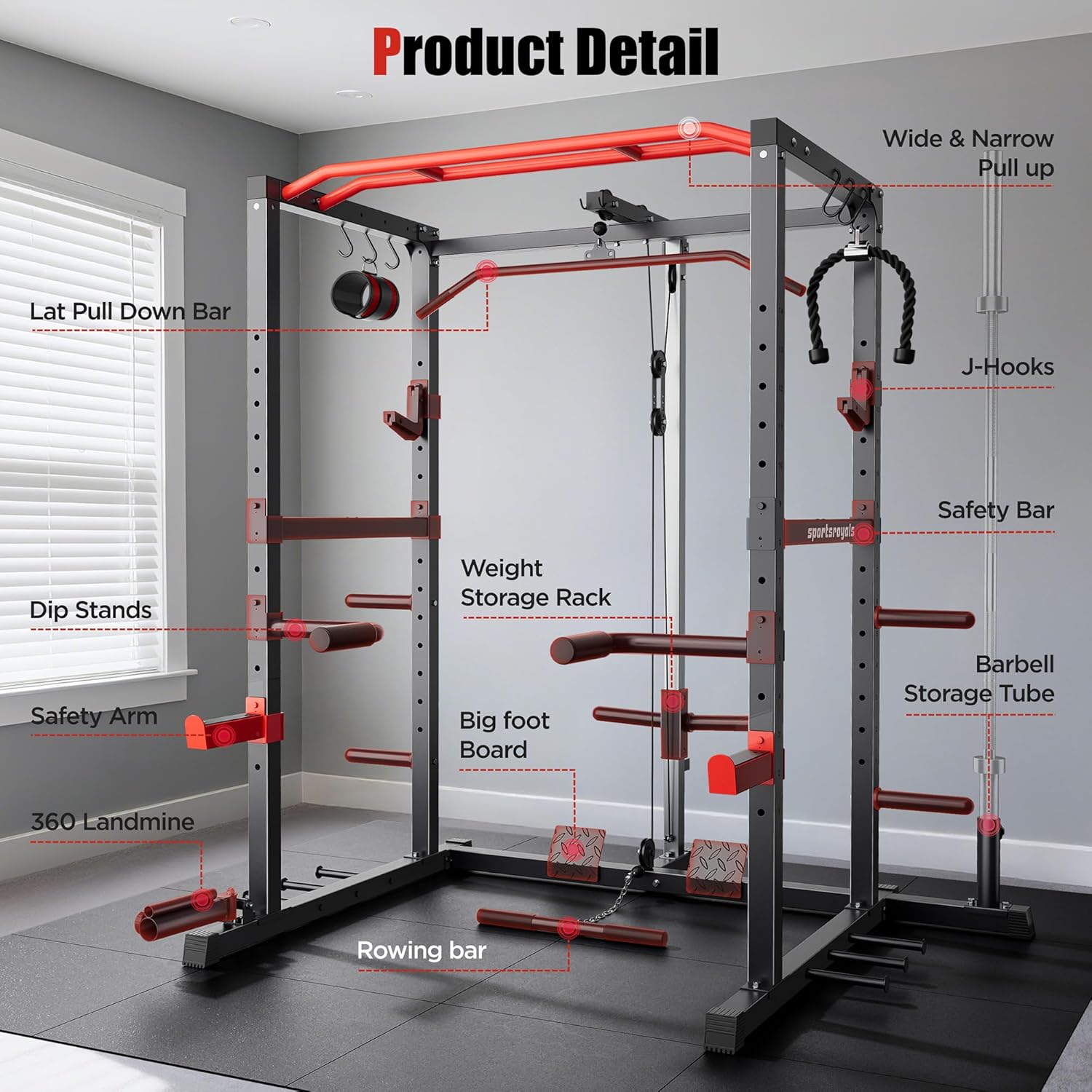 Sportsroyals Power Cage,1600lbs Multi-Function Power Rack with Adjustable Cable Crossover System and More Training Attachment, Weight Cage for Home Gym - Image 9