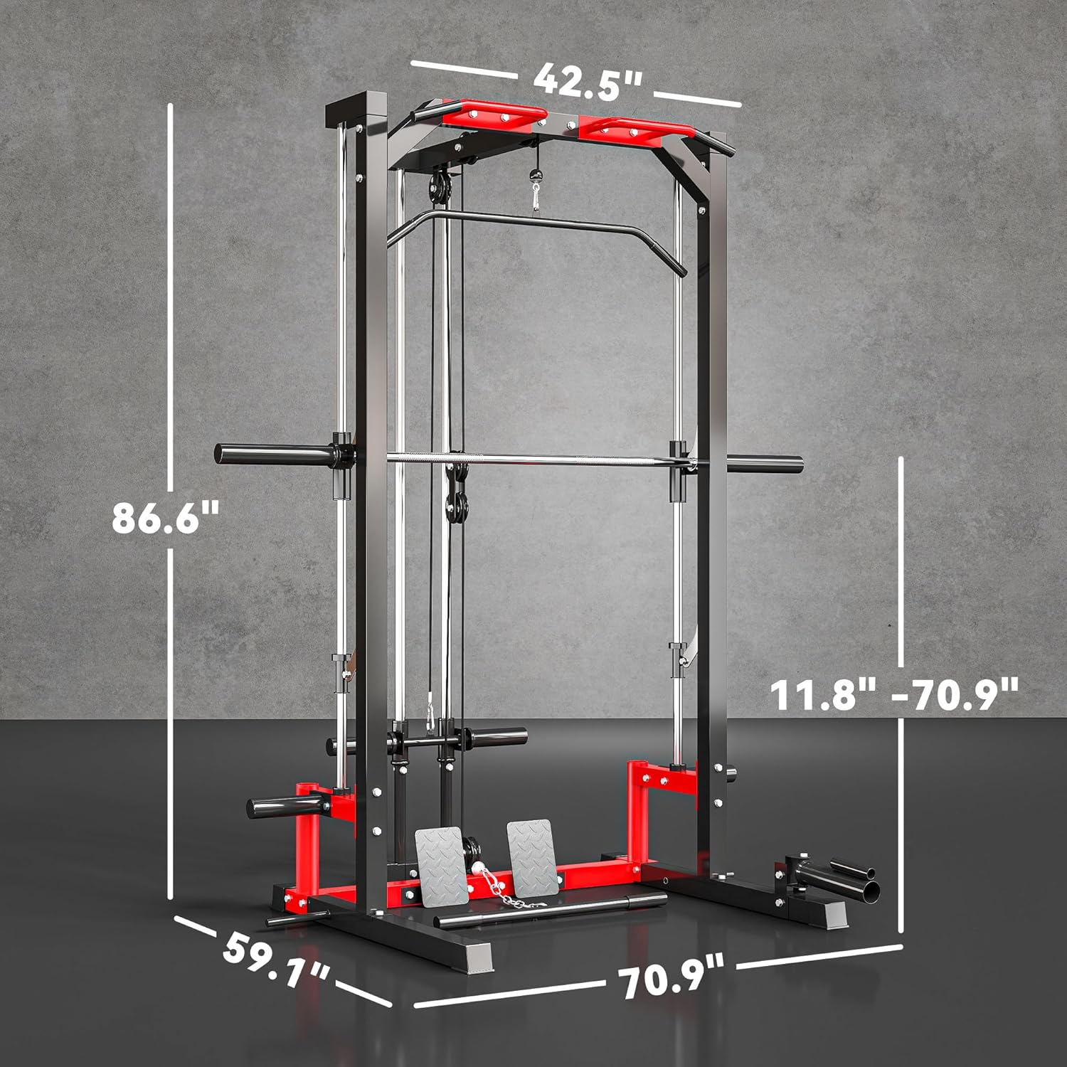 Soozier Power Cage Smith Machine, Multi-Function Power Rack with Pull Up Bar, LAT Pull Down System and Squat Rack, Barbell Bar, Plate Storage Posts, Landmine, for Home Gym - Image 7