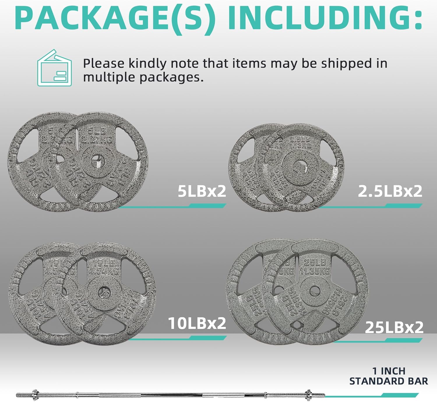 Fitvids Barbell Weight Set, Cast Iron 1" Standard Weight Plates Including 5FT Standard Barbell Bar & Star Locks, 95 Pounds Set (85 Lbs Plates + 10 Lbs Barbell Bar), Multiple Packages - Image 2