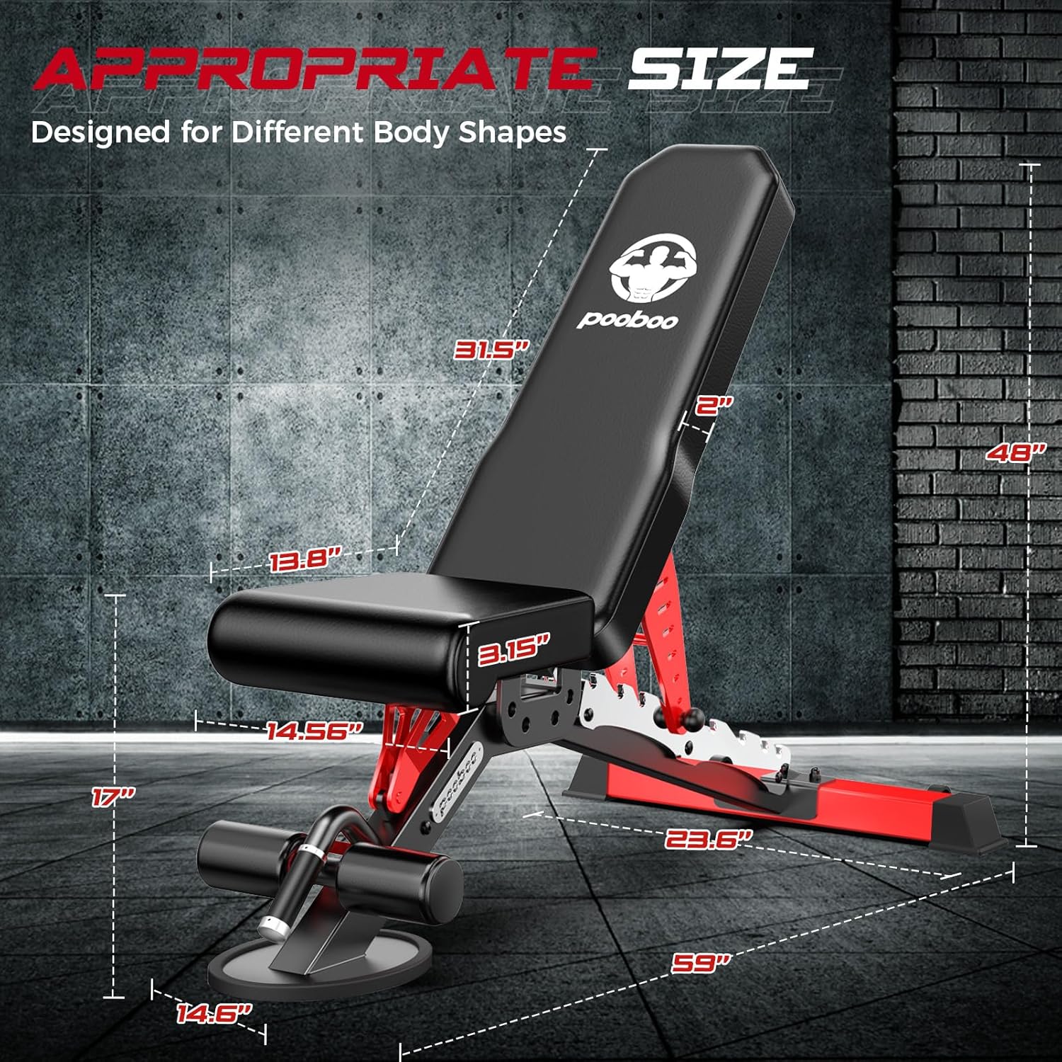 Pooboo Weight Bench, Adjustable Workout Bench for Home, 1500LBS Weight Capacity Heavy Duty Strength Training Bench, Flat/Incline/Decline Positions for Full Body Workout - Image 6