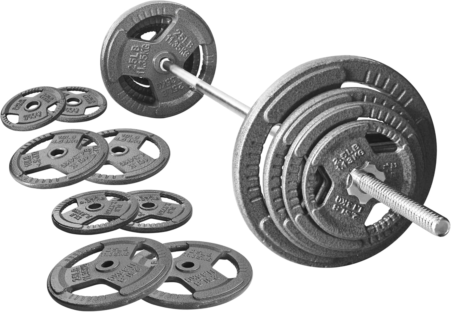 Fitvids Barbell Weight Set, Cast Iron 1" Standard Weight Plates Including 5FT Standard Barbell Bar & Star Locks, 95 Pounds Set (85 Lbs Plates + 10 Lbs Barbell Bar), Multiple Packages