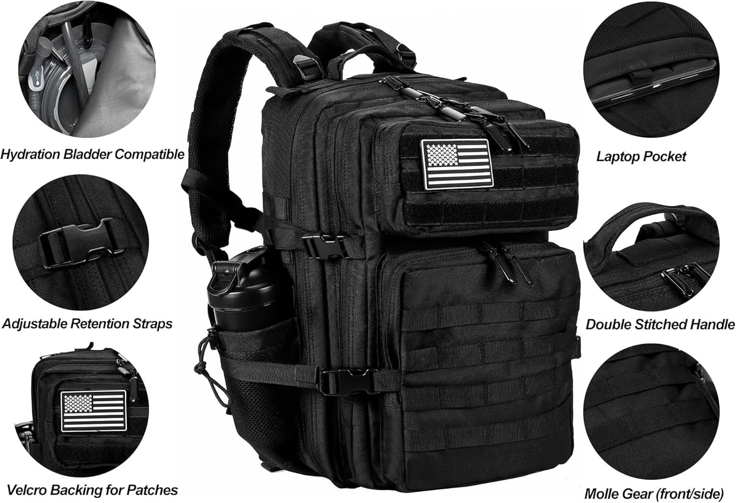 LHI Military Tactical Backpack for Men and Women 45L Army 3 Days Assault Pack Bag Large Rucksack with Molle System - Black - Image 4