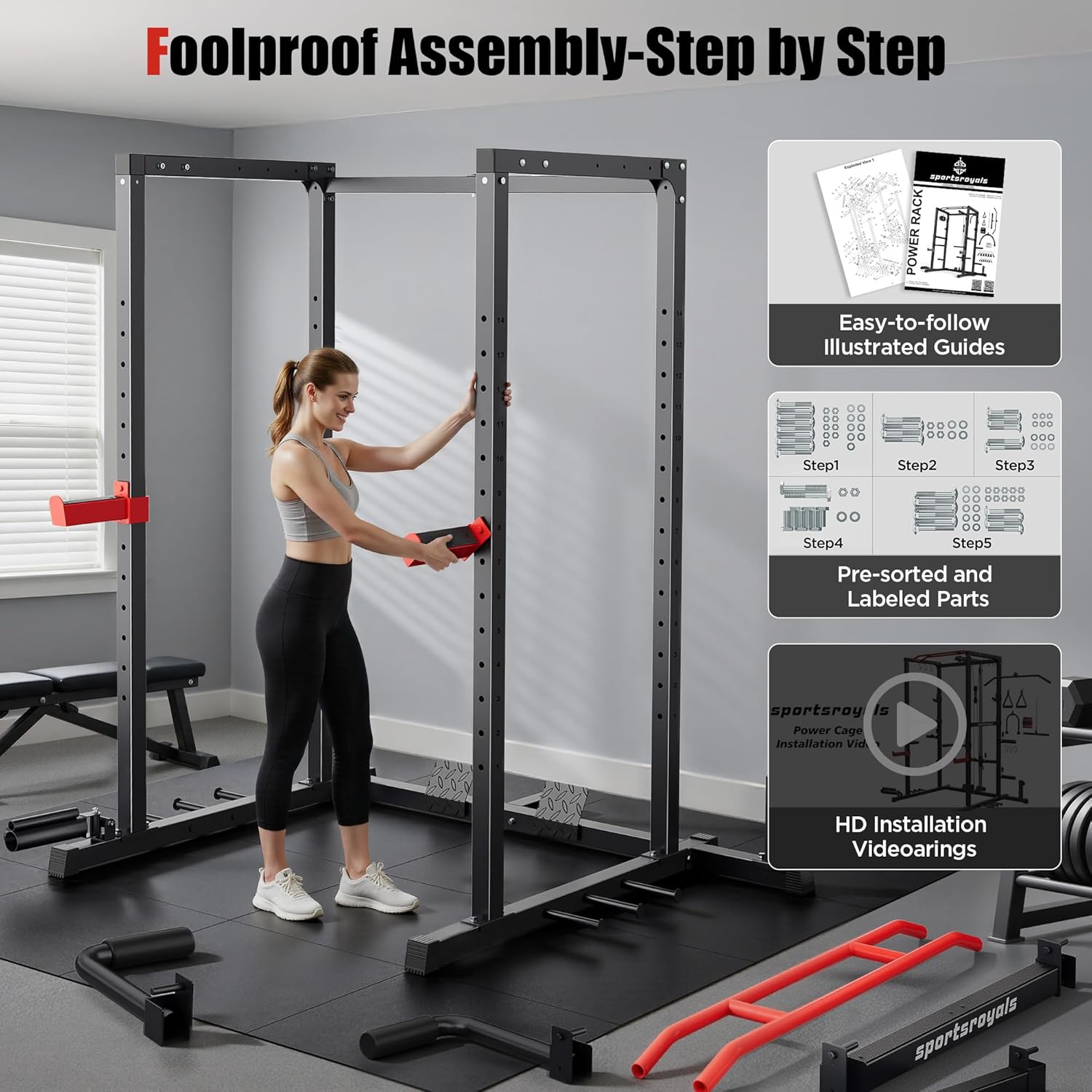 Sportsroyals Power Cage,1600lbs Multi-Function Power Rack with Adjustable Cable Crossover System and More Training Attachment, Weight Cage for Home Gym - Image 7