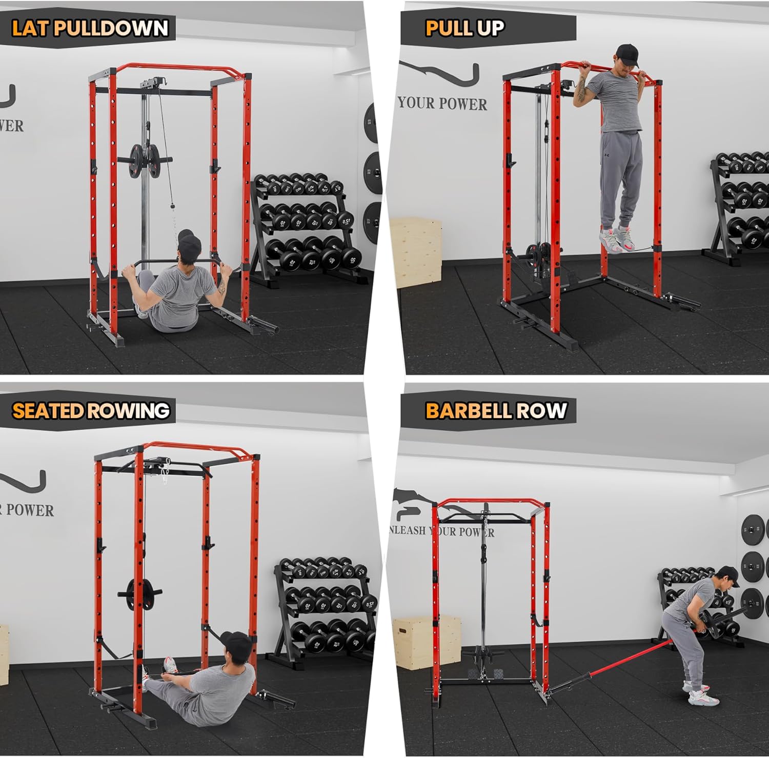 GarveeLife Power Cage, Multi-Function Power Rack with LAT Pulldown, 1600 LBS Weight Capacity Fitness Squat Rack with Cable Pulley System and j-Hooks, Dip Bars and Landmine Attachment for Home Gym - Image 2