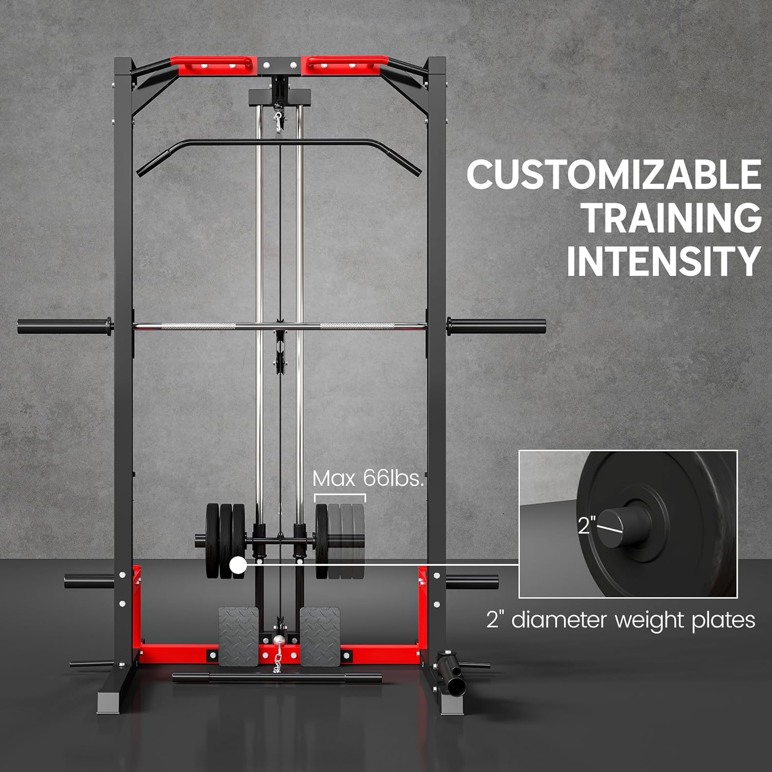 Soozier Power Cage Smith Machine, Multi-Function Power Rack with Pull Up Bar, LAT Pull Down System and Squat Rack, Barbell Bar, Plate Storage Posts, Landmine, for Home Gym - Image 4