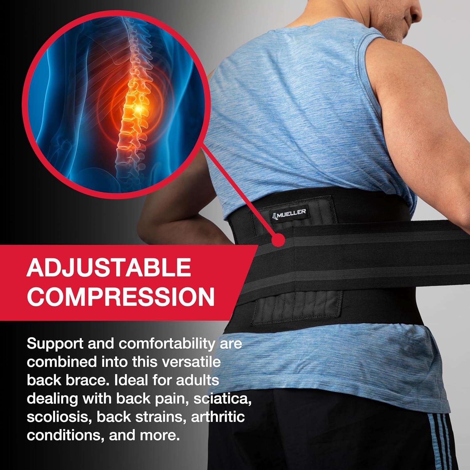 MUELLER Sports Medicine Adjustable Back Brace, Ideal for Upper and Lower Back Pain, Relief & Support for Men and Women, Strains, Sciatica, Scoliosis, Black - Image 3